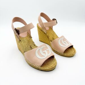 Gucci GG Pink Espadrille Gold Wedge Sandals EU 38, US 8
